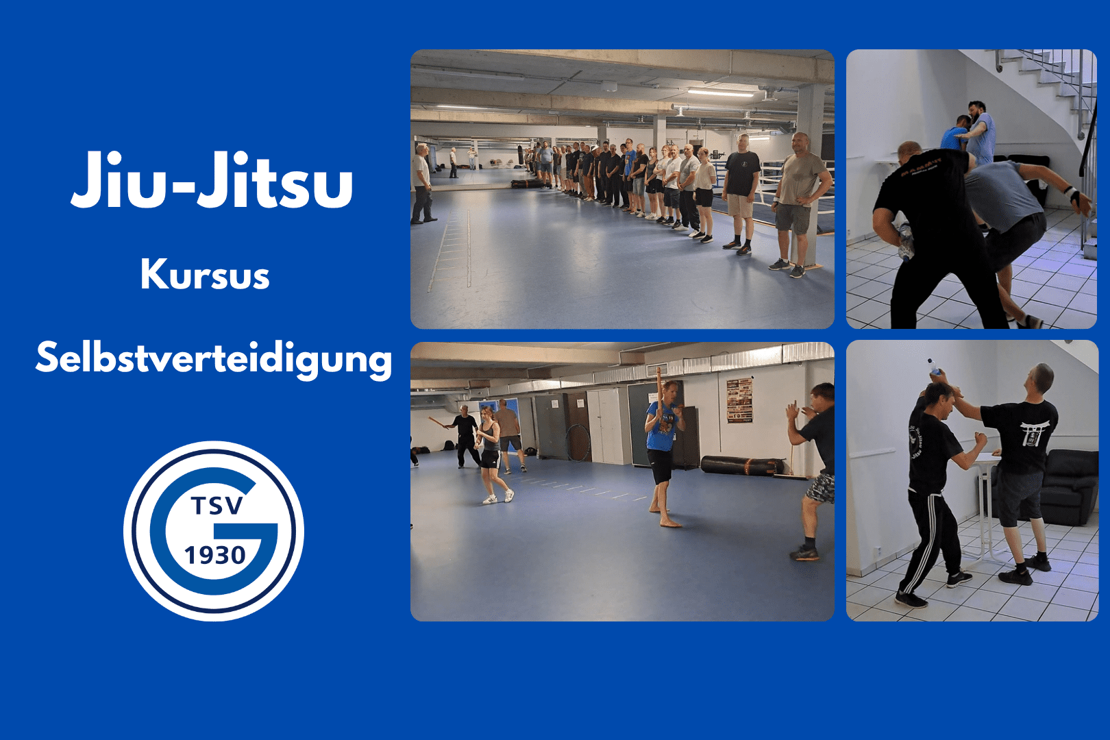 Collage aus vier Bildern eines Jiu-Jitsu-Kurses mit Schülern bei Selbstverteidigungsübungen in einem Trainingsraum.