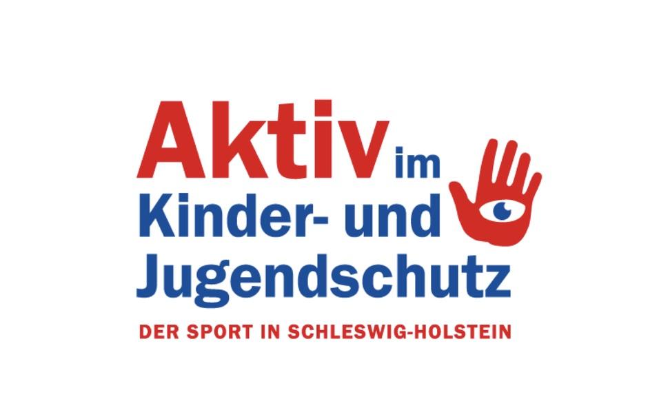 Logo mit dem Text „Aktiv im Kinder- und Jugendschutz“ und Symbol einer Hand mit Auge, darunter „DER SPORT IN SCHLESWIG-HOLSTEIN“.